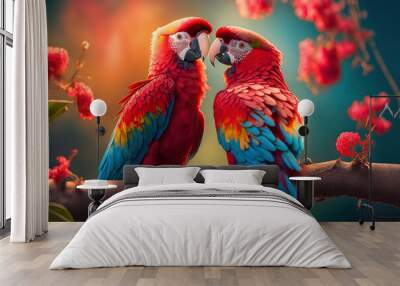 Valentine's Day Harmony - A Photographic Journey of Two Red-Blue Parrots Kissing Beneath Cherry Blossoms. Wall mural