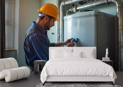 Focused HVAC technician adjusting furnace settings in residential basement Wall mural