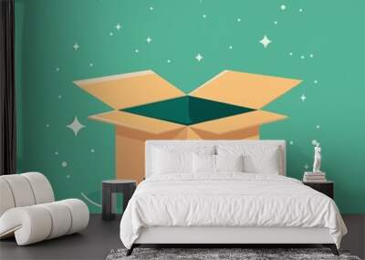 Magical open cardboard box with sparkling stars against teal background  Wall mural