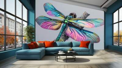 A colorful dragonfly is perched on a branch Wall mural