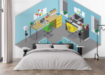 flat 3d isometric abstract office floor interior departments concept vector. office workspace. offic Wall mural