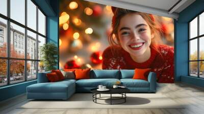 A cheerful young woman wearing a red sweater and hat lies next to a Christmas tree. Festive home interior for holiday season. Blank space for advertising message or text on poster or banner Wall mural