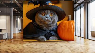 A cute cat in a Halloween costume in the studio on a bright orange background. The cat depicts a witch with pumpkins on Halloween Wall mural