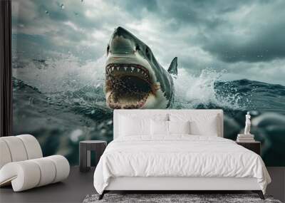 A plus four meter great white shark jumping out of the water with an open mouth full of teeth Wall mural