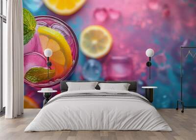 A vibrant pink cocktail with ice, lemon slices, and mint in a glass, surrounded by scattered ice cubes, cranberries, and lemon halves on a colorful surface with dramatic lighting Wall mural