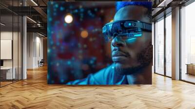 A young man with blue hair using augmented reality glasses. Backdrop for design card, invitation, banner, poster Wall mural