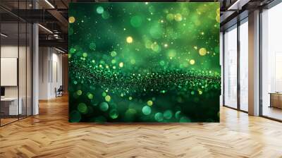 Abstract green glitter bokeh background with wavy patterns and sparkling lights Wall mural