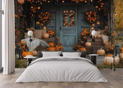 Autumn bedroom, living room interior. Red and yellow leaves and flowers in the vase and pumpkin on light background Wall mural