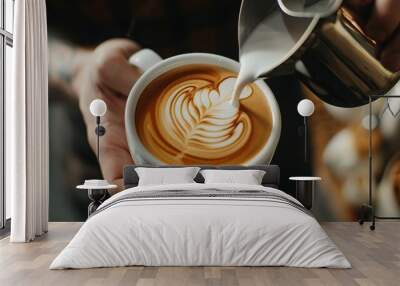 Barista making pouring stream milk with coffee latte art pattern heart shape Wall mural