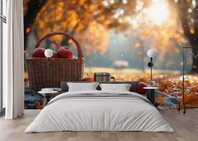 Basket full of red juicy apples scattered in a grass in autumn garden Wall mural