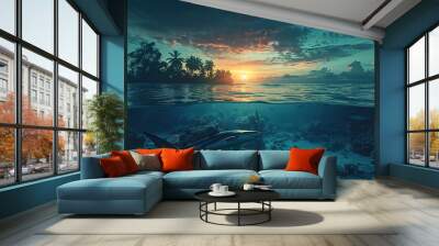 beautiful seaview waterline waves in a shallow and sharks swimming by corals Wall mural