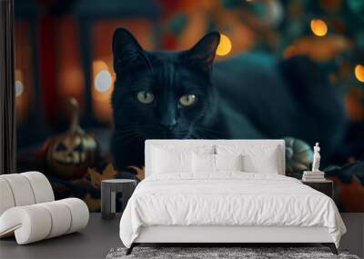 Black cat surrounded by Halloween decorations, orange pumpkins and bokeh lights in the background Wall mural