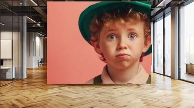 Boy in green hat and suspenders with surprised expression on coral background. Children fashion and emotions marketing Wall mural