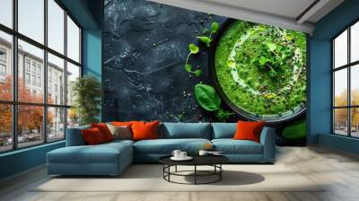 Broccoli, spinach and green peas cream soup on a dark concrete background. Wall mural