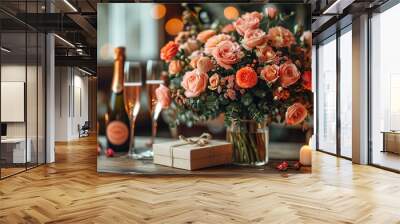 Champagne and beautiful rose bouquet. Romantic date, candle light dinner setting Wall mural