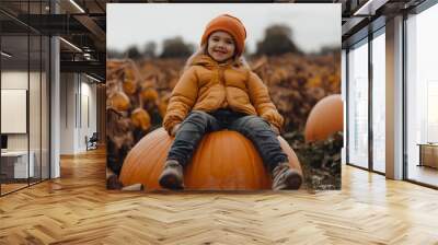 Child in orange jacket sitting on large pumpkin in autumn pumpkin patch Wall mural