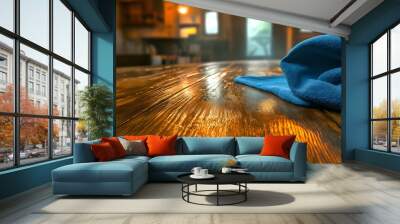 Closeup of shiny wooden table surface with blue cleaning cloth, home maintenance and furniture care concept for interior design and housekeeping Wall mural