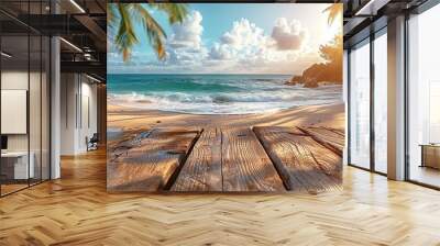 Empty wood table over blue sea, beach and palm leaves background in summer day. Wall mural