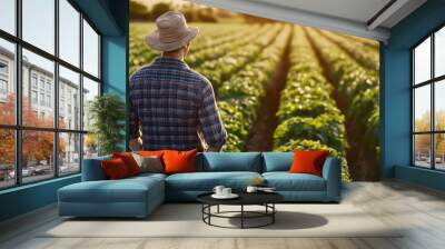 Farmer overlooking rows of crops at sunset, agricultural success and bountiful harvest season Wall mural