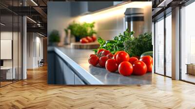 Fresh vegetables and herbs on clean kitchen counter for healthy cooking and food preparation concept Wall mural