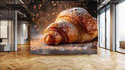 Freshly baked croissant flying in air. Close up of crumbled french croissant Wall mural