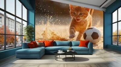 Ginger kitten playing with soccer ball on sandy beach. Pet summer activities and playful feline behavior concepts Wall mural