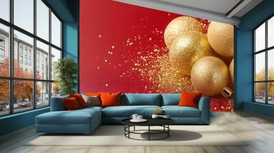 Golden Christmas baubles with glitter on red background for holiday decorations, festive greeting cards and elegant seasonal marketing materials. Place for text Wall mural