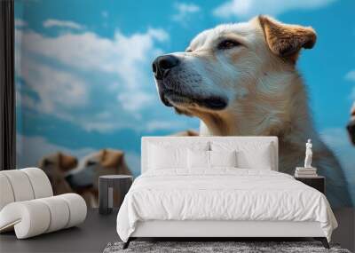 Group of mixed breed dogs looking up at sky with clouds. Pet community and outdoor lifestyle marketing Wall mural