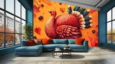 Happy Thanksgiving Day Food Autumn Fall Season with cartoon turkey and pumpkins Wall mural