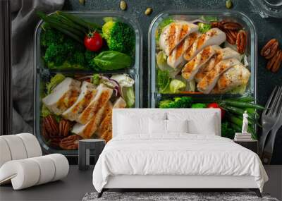 Healthy meal prep containers with green beans, chicken breast and broccoli. A set of food for keto diet in lunchbox on a dark concrete background. Top view Wall mural