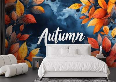 Hello autumn watercolor banner. greeting card with Pumpkins, inscriptions, leaves, acorn and mountain ash on white background. autumn border frame Wall mural