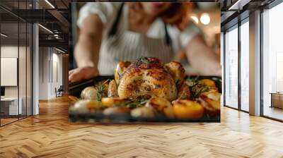 Housewife prepares roast chicken in the oven, view from the inside of the oven. Cooking in the oven Wall mural