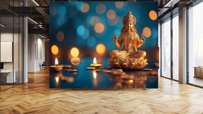 Illuminated golden Lakshmi statue with glowing candles, Hindu goddess of wealth and prosperity for Diwali celebration Wall mural