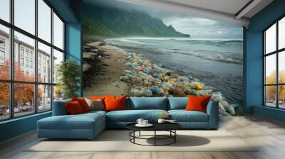 Plastic pollution on tropical beach contrasting with pristine mountains. Urgent need for ocean conservation and waste management Wall mural