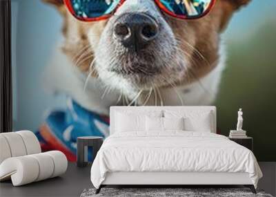 Portrait of proud dog in stars and stripes sunglasses with American flag bow tie on green background Wall mural