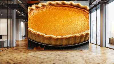 Pumpkin Pie with whipped cream and cinnamon on rustic background, top view. Homemade pastry for Thanksgiving traditional Pumpkin Pie Wall mural