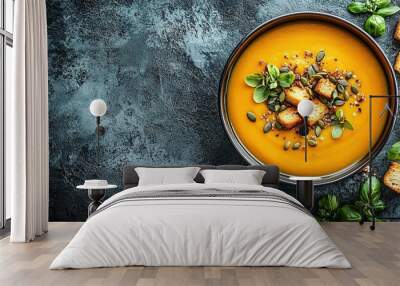 Pumpkin soup with cream, seeds, crackers and cinnamon. Autumn decor on table Wall mural