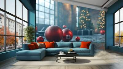 Red Christmas ornaments on wooden floor with blurred festive background. Holiday decor and interior design concept Wall mural