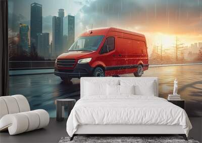 Red modern delivery small shipment cargo courier van moving fast on motorway road to city Wall mural