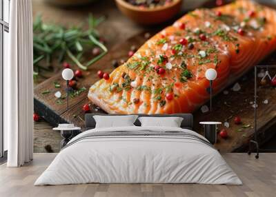 Salmon. Fresh raw salmon fish fillet with cooking ingredients, herbs and lemon on black background, top view Wall mural