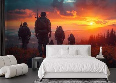 Silhouettes of army soldiers in the fog against a sunset, marines team in action Wall mural