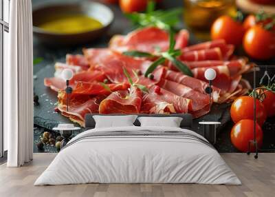 Slices of prosciutto di parma or jamon serrano (iberico) on a black plate on a dark slate Wall mural