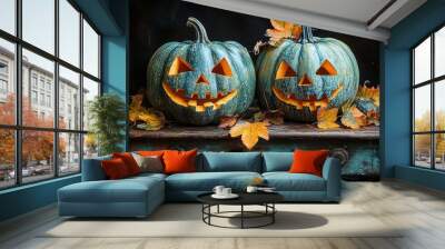 Spooky halloween pumpkins in forest. Scary halloween background with free space for text. Jack-o-lantern on a wooden table Wall mural