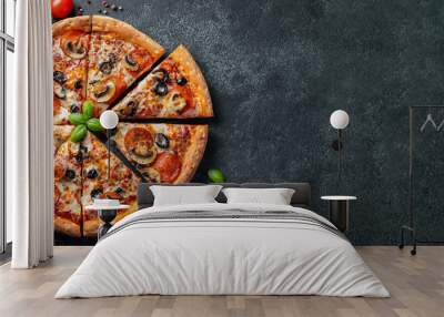 Tasty pepperoni pizza with mushrooms and olives. Wall mural