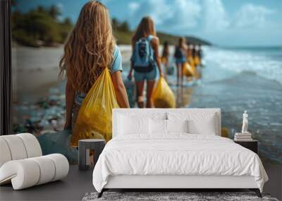 Teenager volunteers cleaning the sea beach by collecting garbage into plastic bag at sunset Wall mural