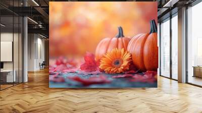 Thanksgiving or autumn scene with pumpkins, autumn leaves and berries on wooden table. Autumn background with copy space. Banner Wall mural