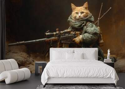 The cat is a military man in a military uniform with a rifle in an artistic retro style. Wall mural