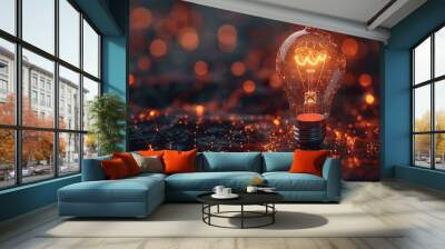 The glow light Data digital marketing analysis graph with light bulb in dark background. Wall mural