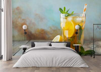 Traditional iced tea with lemon and ice in tall glass on a wooden rustic table. With copy space Wall mural