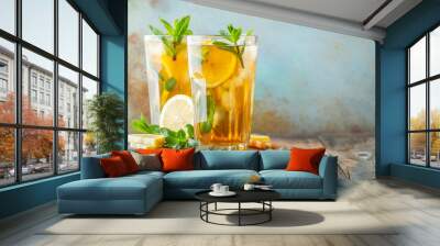 Traditional iced tea with lemon and ice in tall glasses on a wooden rustic table. With copy space Wall mural